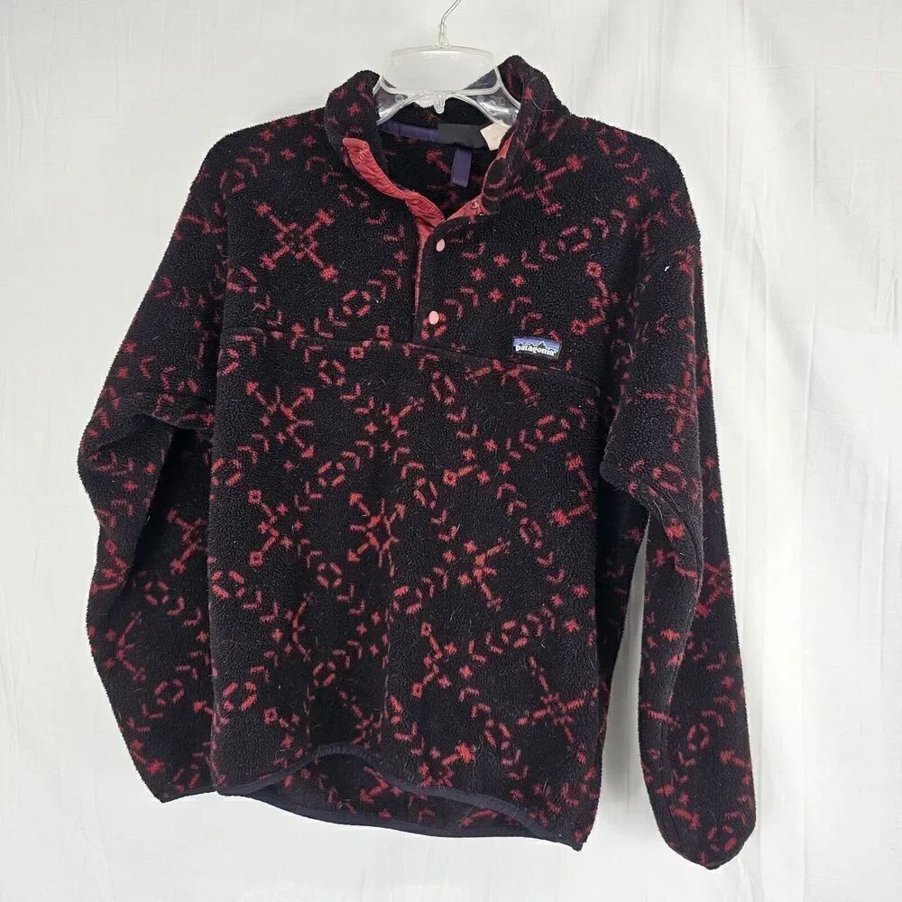 VINTAGE Patagonia Synchilla Jacket Mens Small Black Red Fleece Sweater Snap-T 94